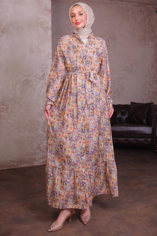 Tesettür giyim TURUNCU KUŞAKLI DESENLİ ELBİSE T 6884 - TRENDTESETTÜR