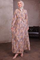 Tesettür giyim TURUNCU KUŞAKLI DESENLİ ELBİSE T 6884