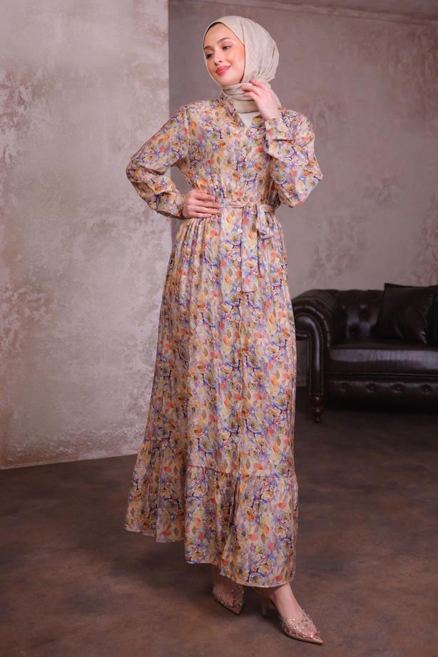 Tesettür giyim TURUNCU KUŞAKLI DESENLİ ELBİSE T 6884 - TRENDTESETTÜR