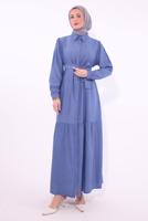Tesettür giyim MAVİ KUŞAKLI ELBİSE T 6974