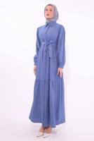 Tesettür giyim MAVİ KUŞAKLI ELBİSE T 6974