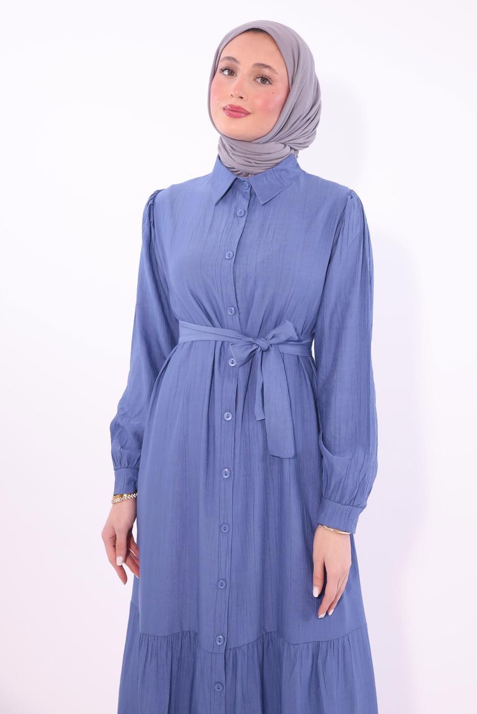 Tesettür giyim MAVİ KUŞAKLI ELBİSE T 6974