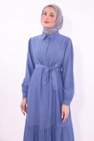 Tesettür giyim MAVİ KUŞAKLI ELBİSE T 6974