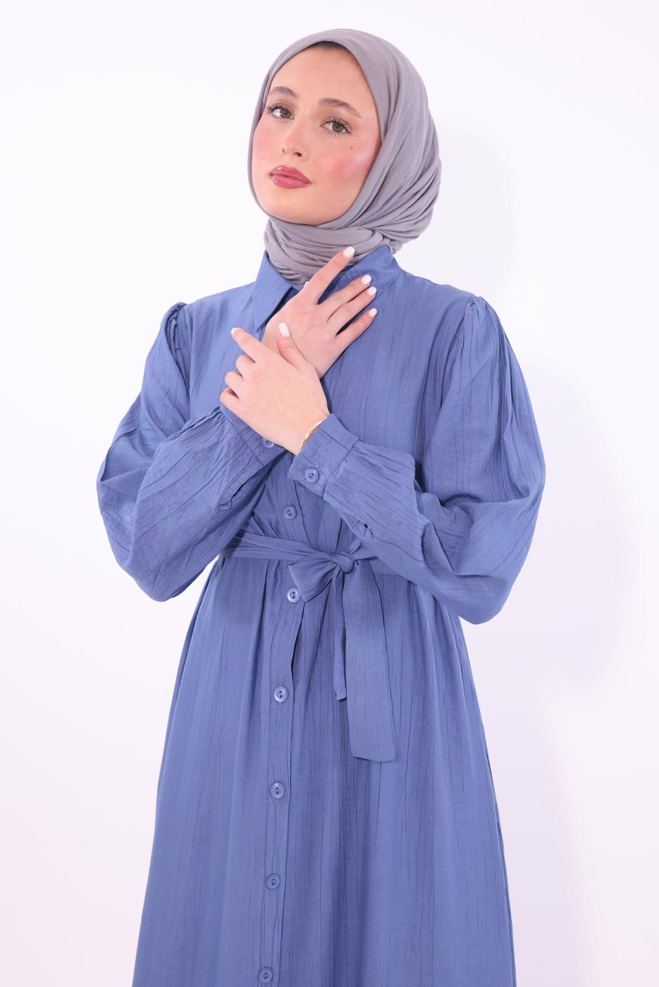 Tesettür giyim MAVİ KUŞAKLI ELBİSE T 6974