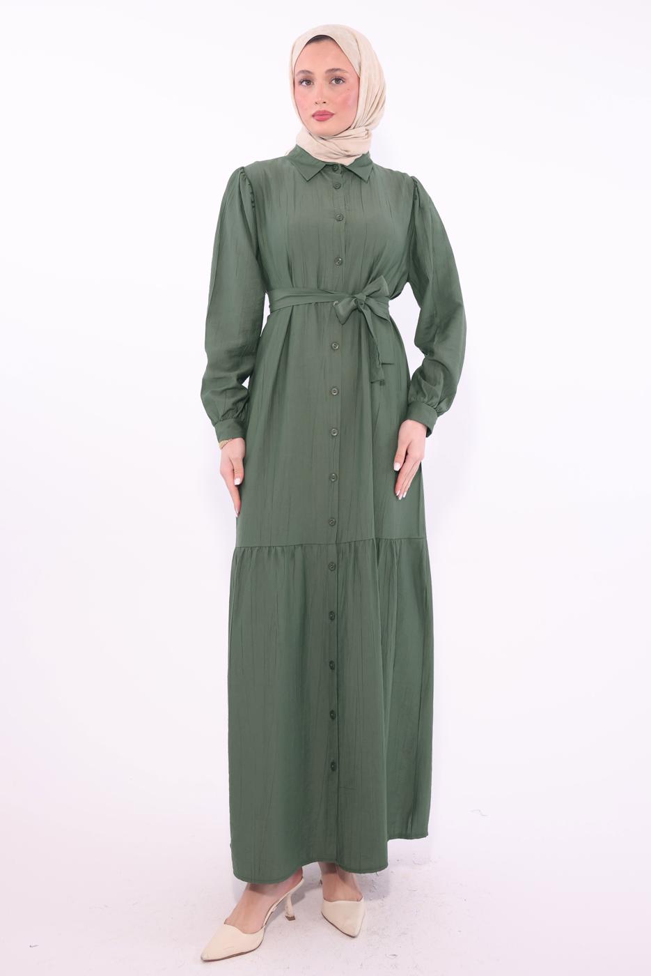 Tesettür giyim HAKİ KUŞAKLI ELBİSE T 6974