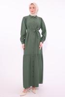 Tesettür giyim HAKİ KUŞAKLI ELBİSE T 6974