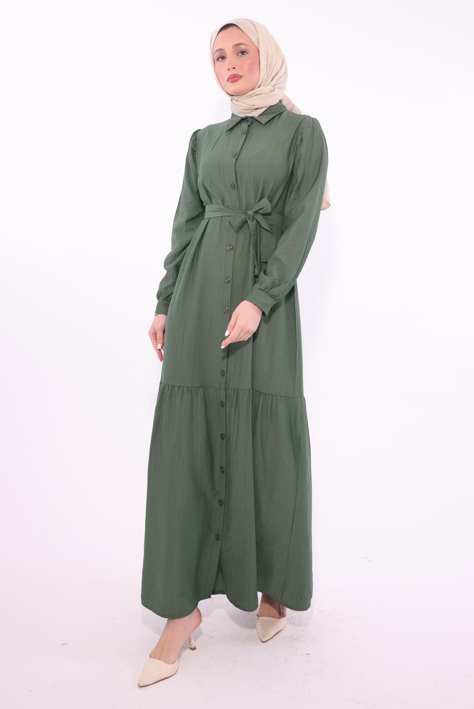 Tesettür giyim HAKİ KUŞAKLI ELBİSE T 6974