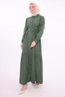 Tesettür giyim HAKİ KUŞAKLI ELBİSE T 6974