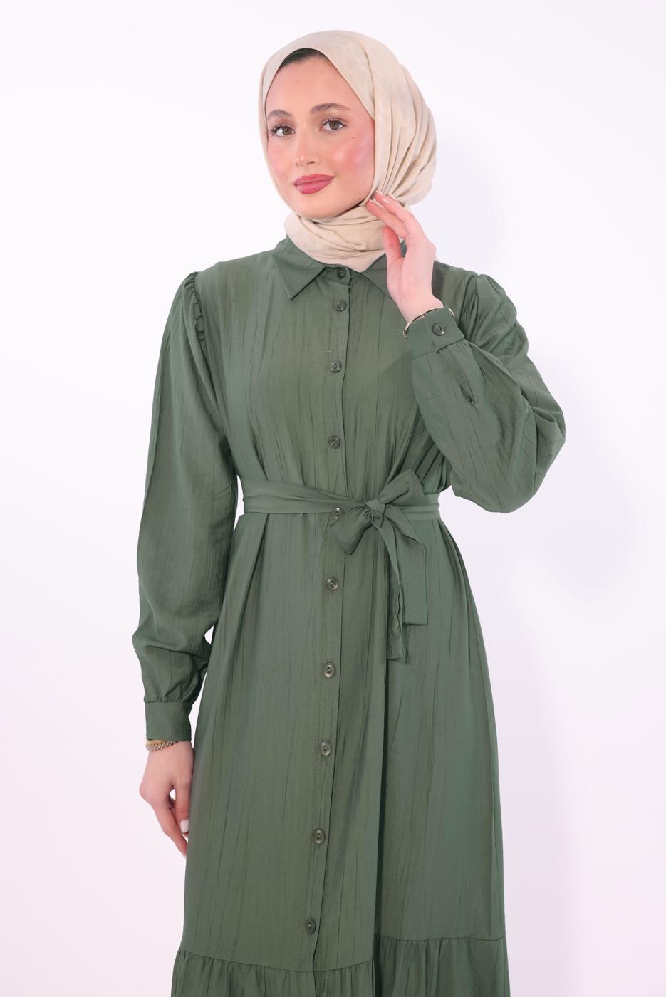 Tesettür giyim HAKİ KUŞAKLI ELBİSE T 6974