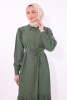 Tesettür giyim HAKİ KUŞAKLI ELBİSE T 6974