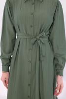 Tesettür giyim HAKİ KUŞAKLI ELBİSE T 6974