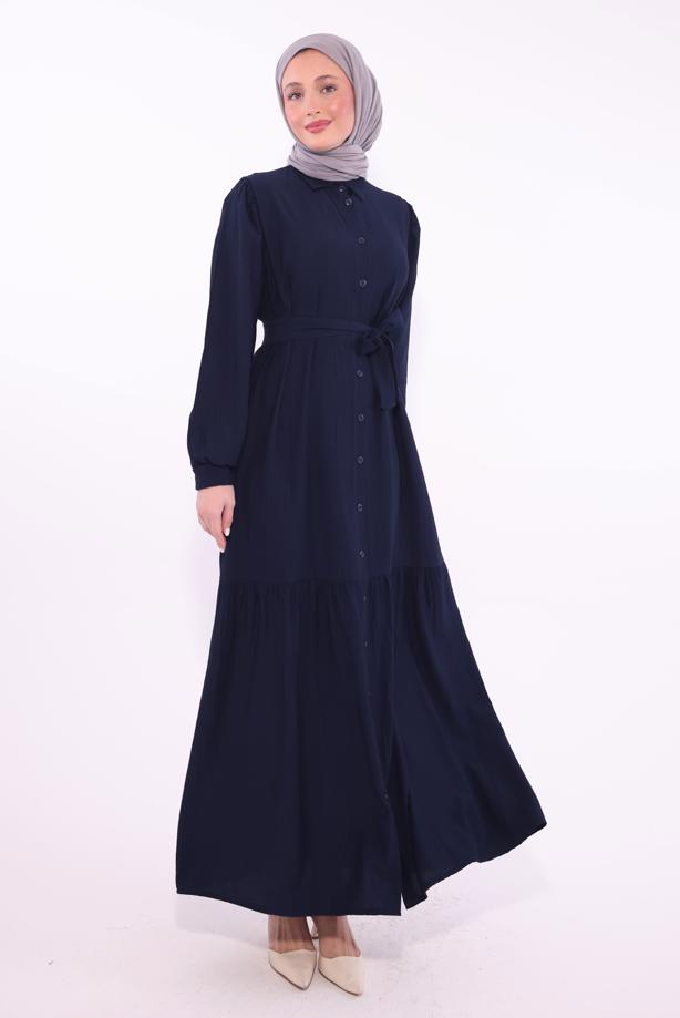 Vêtements hijab BLEU MARINE ROBE CEINTURÉE T 6974 - TRENDTESETTÜR