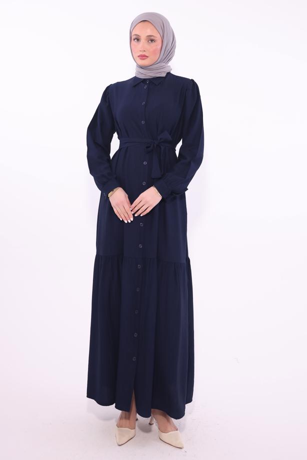 Vêtements hijab BLEU MARINE ROBE CEINTURÉE T 6974 - TRENDTESETTÜR