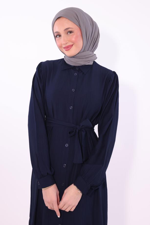 Vêtements hijab BLEU MARINE ROBE CEINTURÉE T 6974 - TRENDTESETTÜR