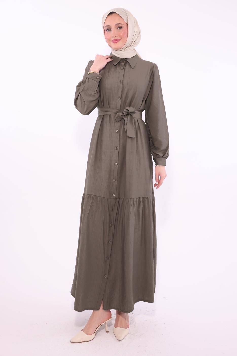 Tesettür giyim VİZON KUŞAKLI ELBİSE T 6974