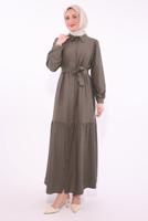 Tesettür giyim VİZON KUŞAKLI ELBİSE T 6974