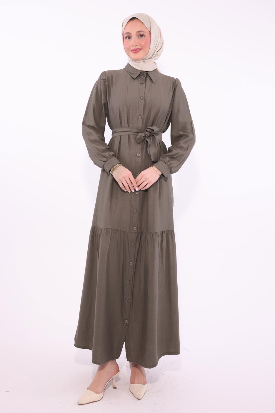 Tesettür giyim VİZON KUŞAKLI ELBİSE T 6974