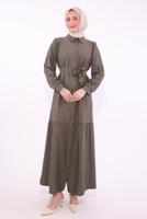 Tesettür giyim VİZON KUŞAKLI ELBİSE T 6974