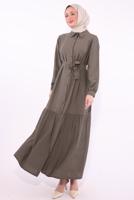 Tesettür giyim VİZON KUŞAKLI ELBİSE T 6974
