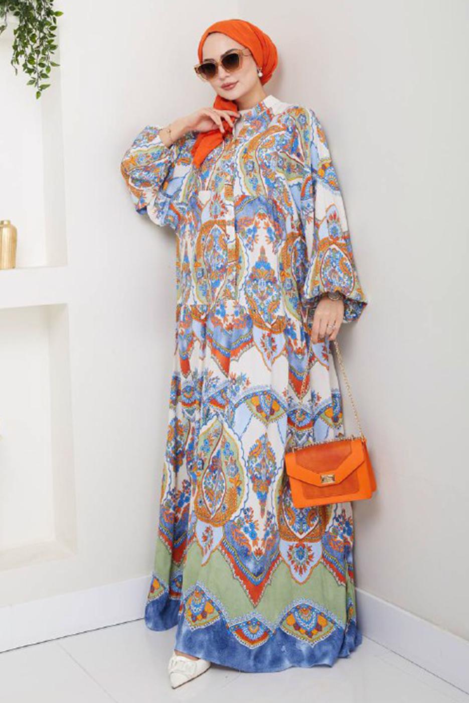 Tesettür giyim TURUNCU DESENLİ ELBİSE T 6996