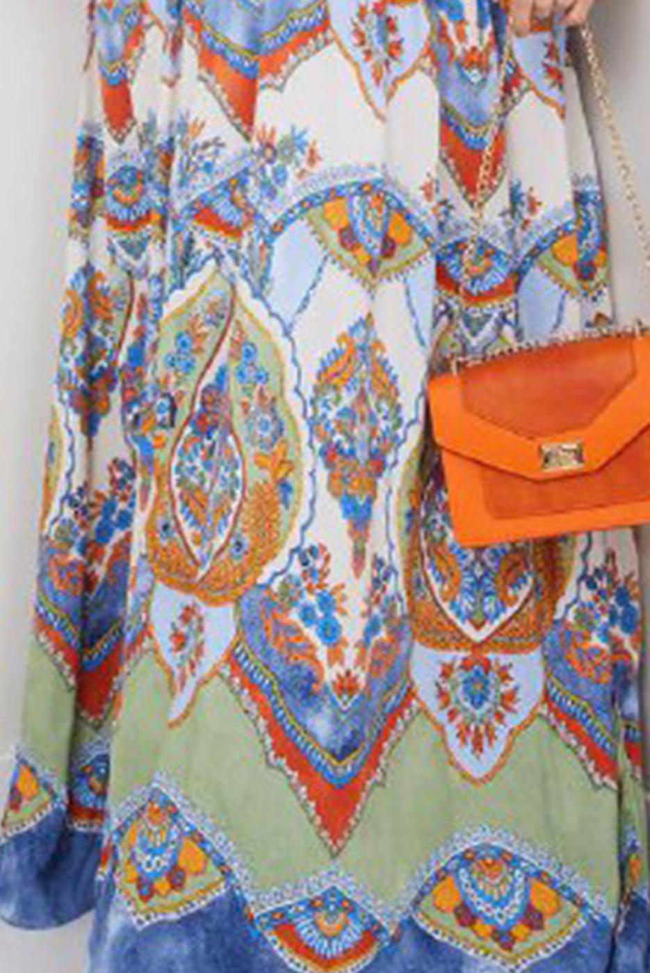 Tesettür giyim TURUNCU DESENLİ ELBİSE T 6996