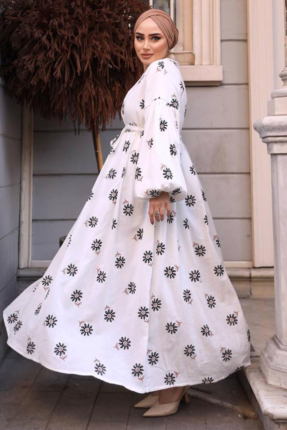 Tesettür giyim EKRU ÇİÇEK DESENLİ ELBİSE T 70532