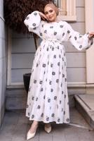 Tesettür giyim EKRU ÇİÇEK DESENLİ ELBİSE T 70532