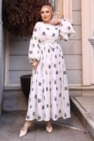 Tesettür giyim EKRU ÇİÇEK DESENLİ ELBİSE T 70532