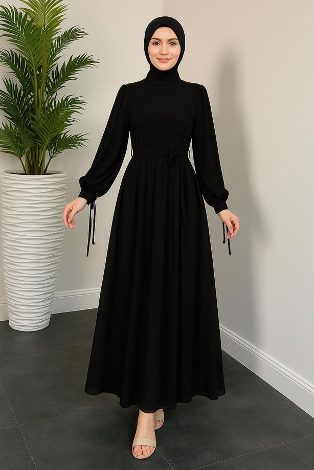 Tesettür giyim SİYAH KUŞAKLI ŞİFON ELBİSE T 7126 - TRENDTESETTÜR