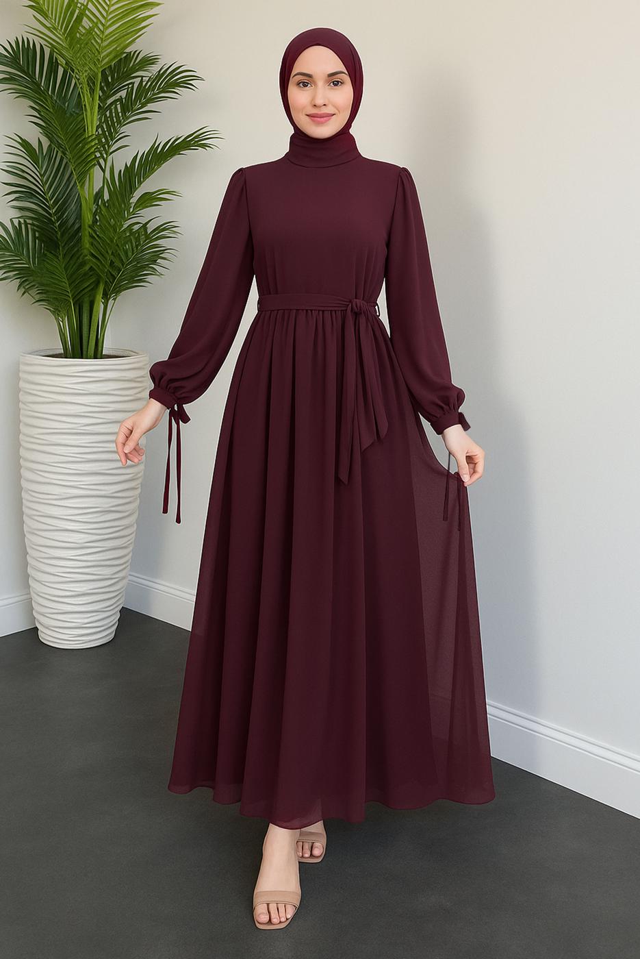 Tesettür giyim BORDO KUŞAKLI ŞİFON ELBİSE T 7126