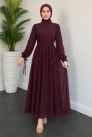 Tesettür giyim BORDO KUŞAKLI ŞİFON ELBİSE T 7126