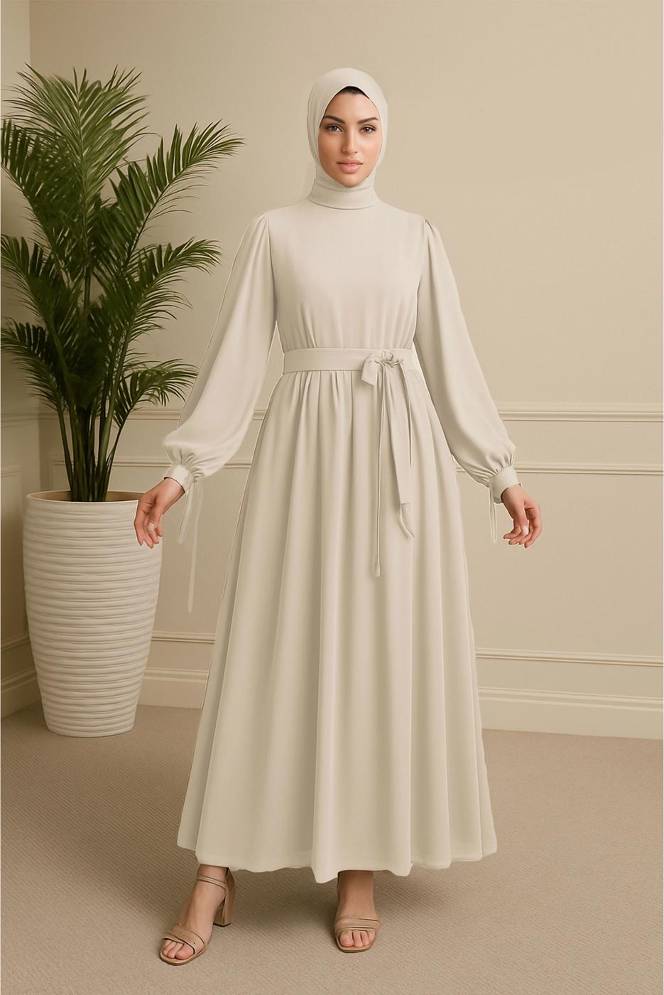 Tesettür giyim BEJ KUŞAKLI ŞİFON ELBİSE T 7126