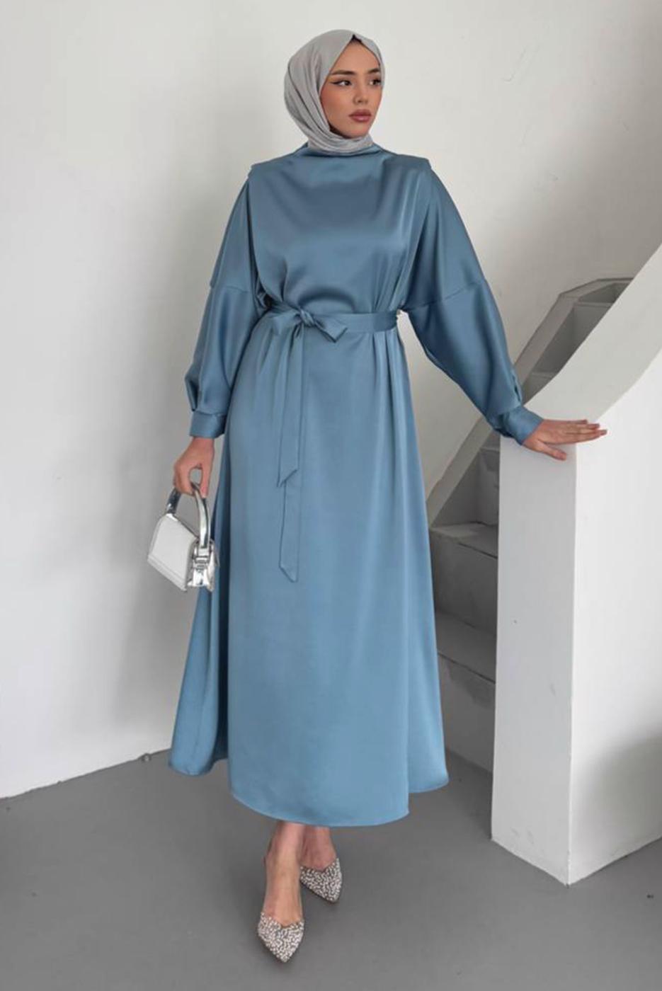 Tesettür giyim MAVİ KUŞAKLI ELBİSE T 73552