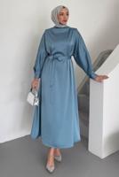 Tesettür giyim MAVİ KUŞAKLI ELBİSE T 73552
