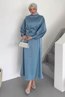 Tesettür giyim MAVİ KUŞAKLI ELBİSE T 73552