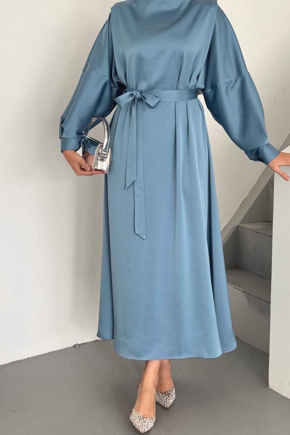 Tesettür giyim MAVİ KUŞAKLI ELBİSE T 73552