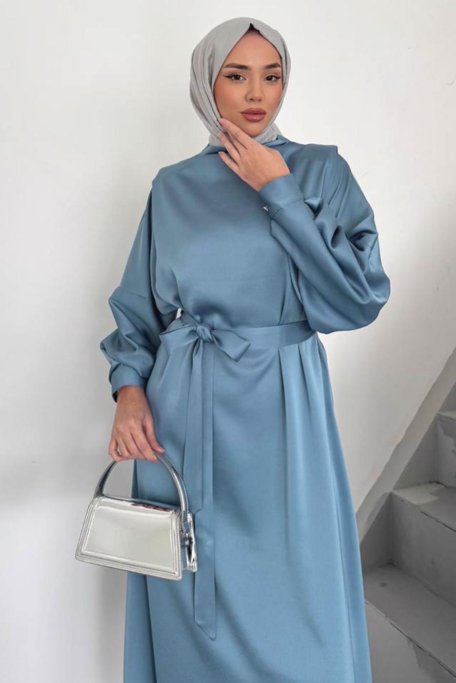 Tesettür giyim MAVİ KUŞAKLI ELBİSE T 73552