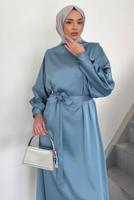 Tesettür giyim MAVİ KUŞAKLI ELBİSE T 73552