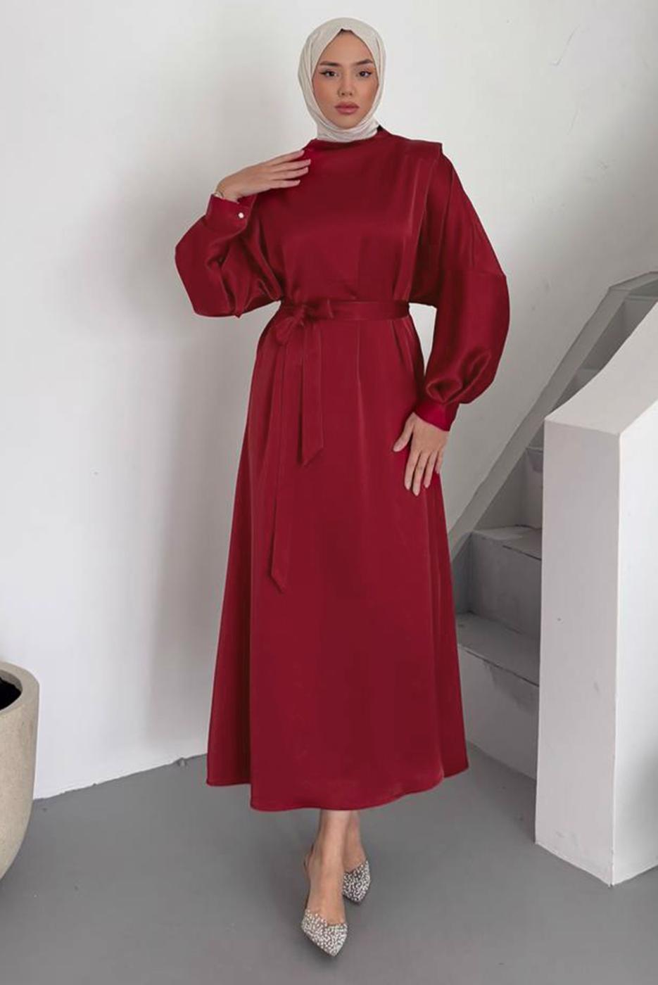 Tesettür giyim KIRMIZI KUŞAKLI ELBİSE T 73552