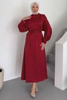 Tesettür giyim KIRMIZI KUŞAKLI ELBİSE T 73552