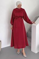 Tesettür giyim KIRMIZI KUŞAKLI ELBİSE T 73552