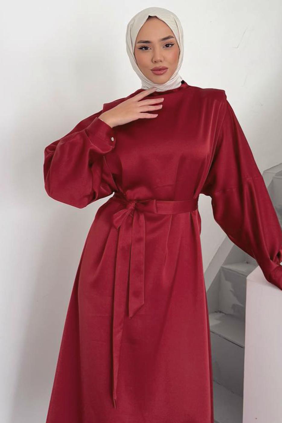 Tesettür giyim KIRMIZI KUŞAKLI ELBİSE T 73552