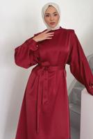 Tesettür giyim KIRMIZI KUŞAKLI ELBİSE T 73552