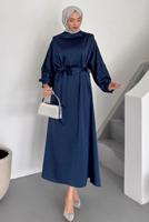 Tesettür giyim LACİVERT KUŞAKLI ELBİSE T 73552