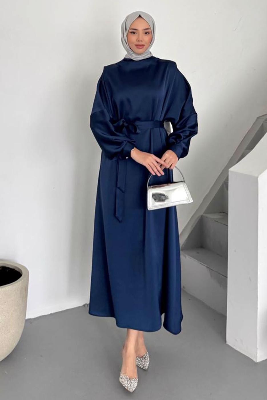 Tesettür giyim LACİVERT KUŞAKLI ELBİSE T 73552