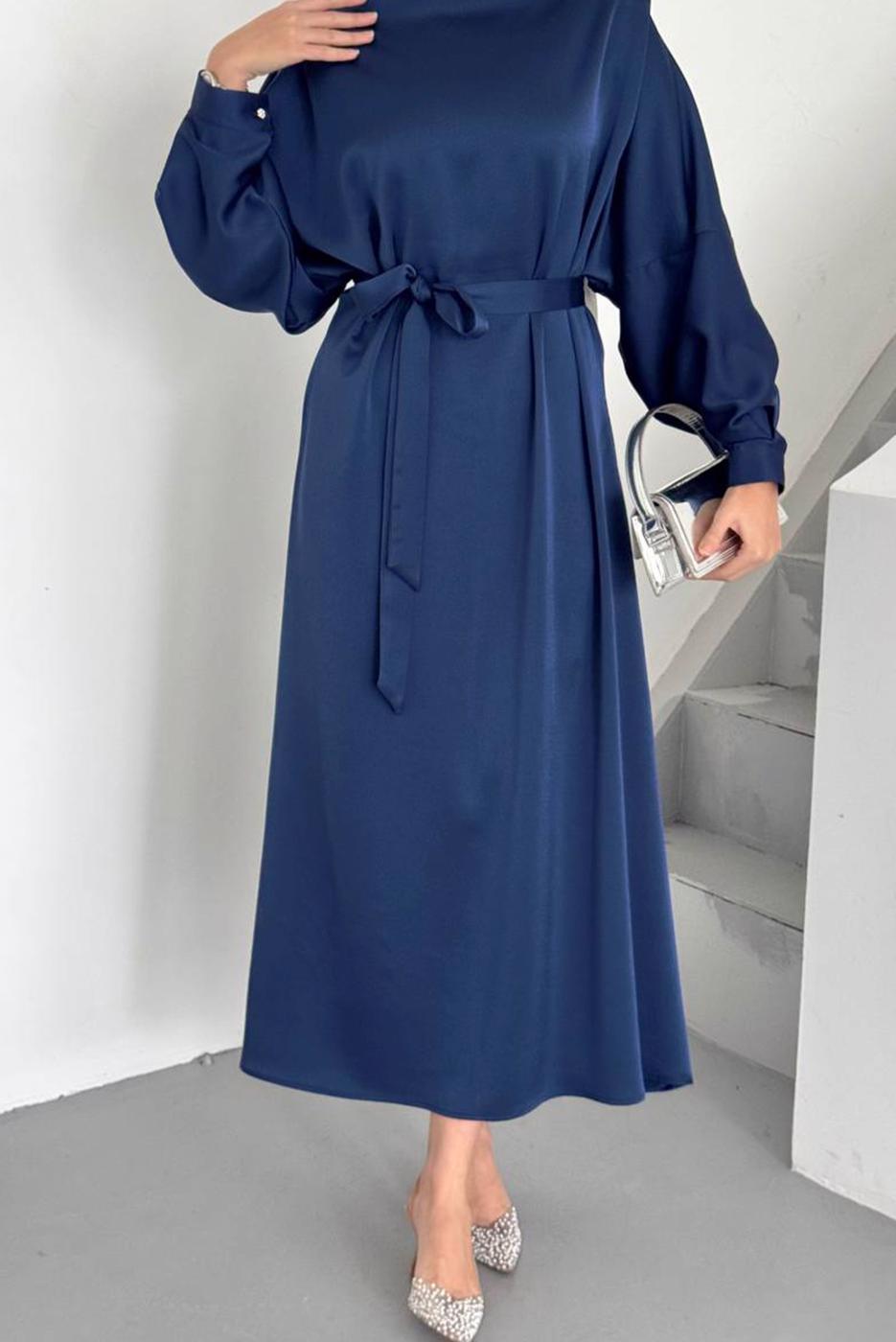 Tesettür giyim LACİVERT KUŞAKLI ELBİSE T 73552