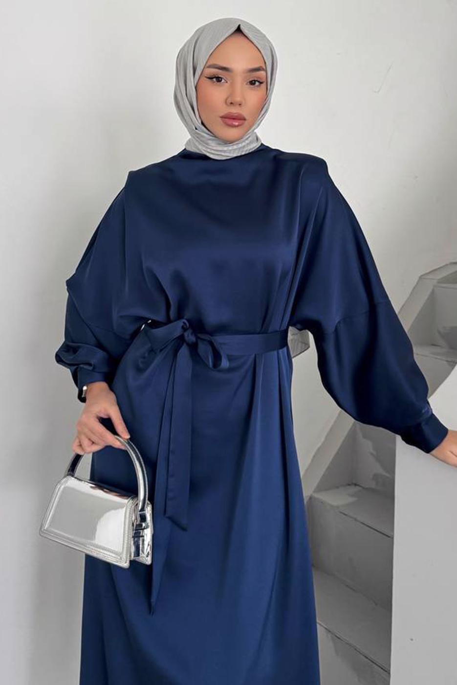 Tesettür giyim LACİVERT KUŞAKLI ELBİSE T 73552