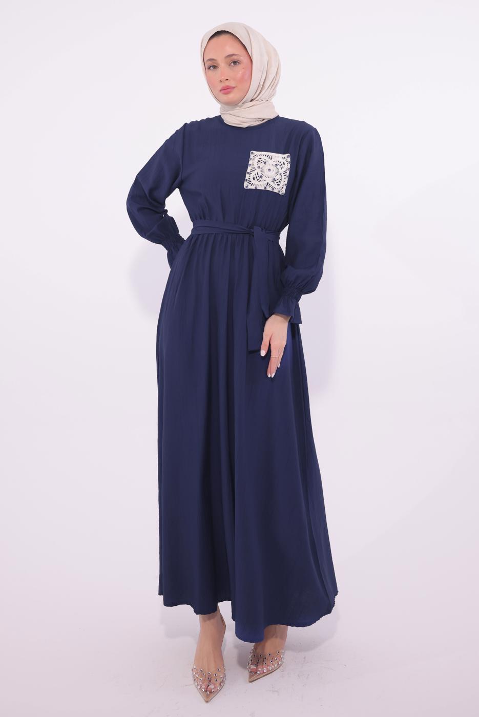 Tesettür giyim LACİVERT KUŞAKLI ELBİSE T 7574