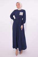 Tesettür giyim LACİVERT KUŞAKLI ELBİSE T 7574