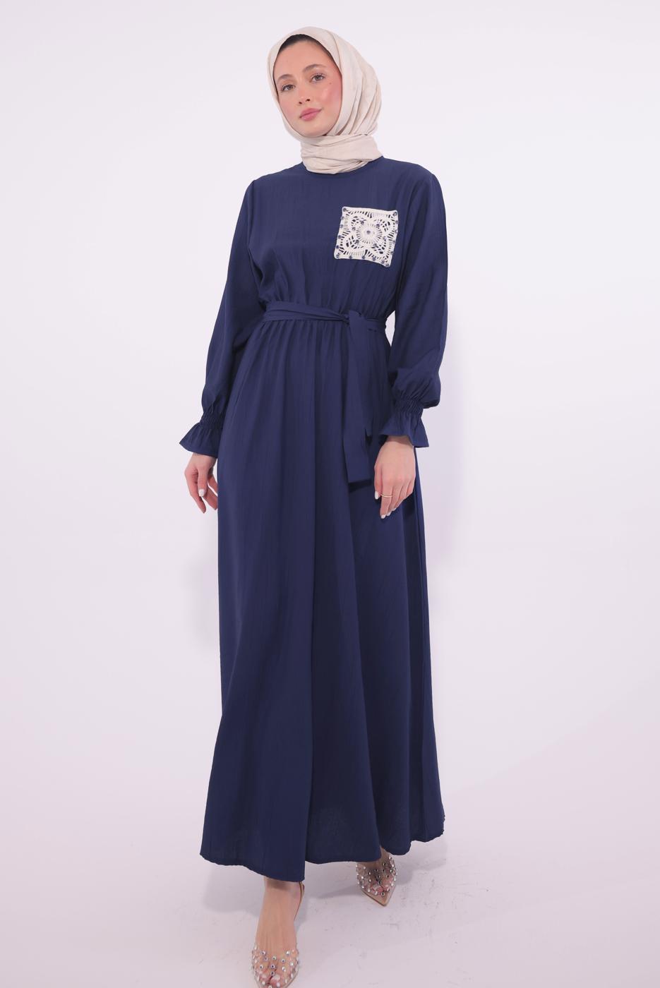 Tesettür giyim LACİVERT KUŞAKLI ELBİSE T 7574